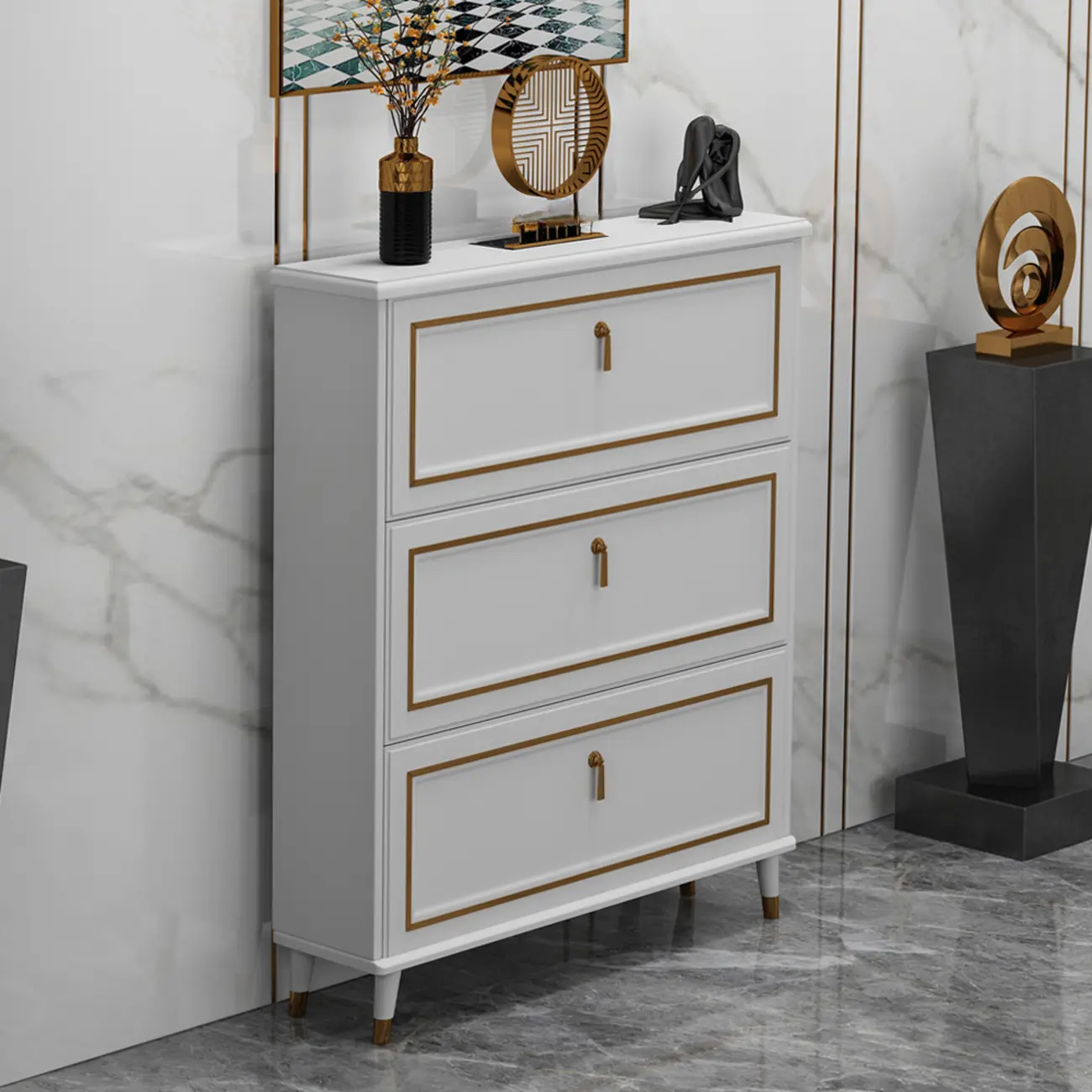 Grey Wooden Drop Front Shoe Cabinet with Adjustable Shelves