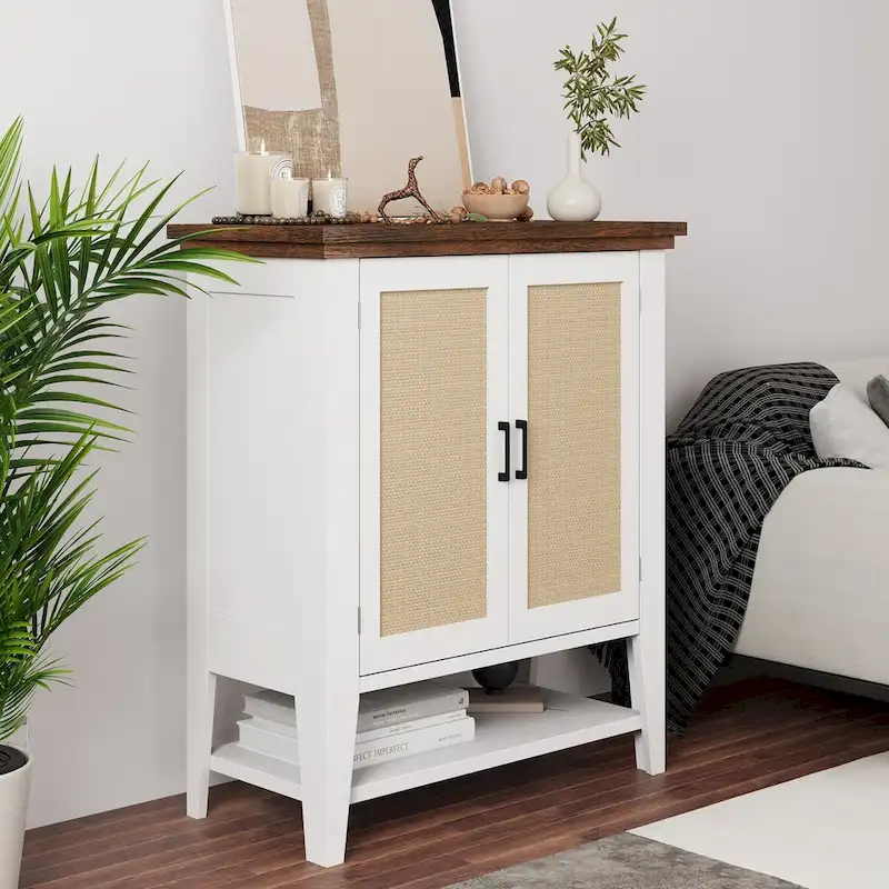 Rattan Storage Cabinet with Doors and Shelves