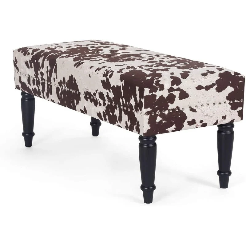 Adeco Cow Print Fabric Rectangular Bench Ottoman