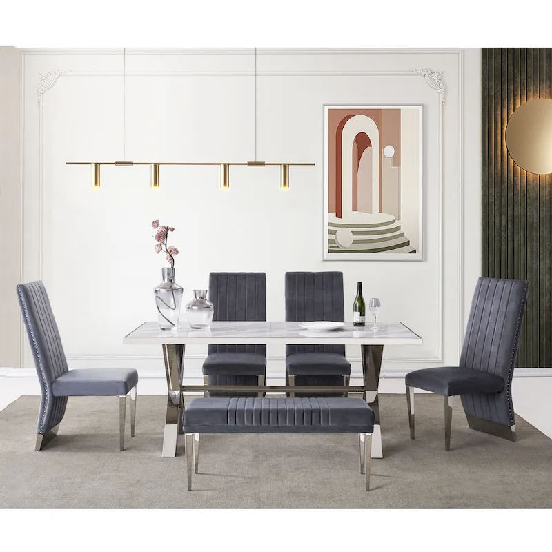 Modern Channel High Back Dining Chairs with Nailhead Trims and Polished Metal Legs