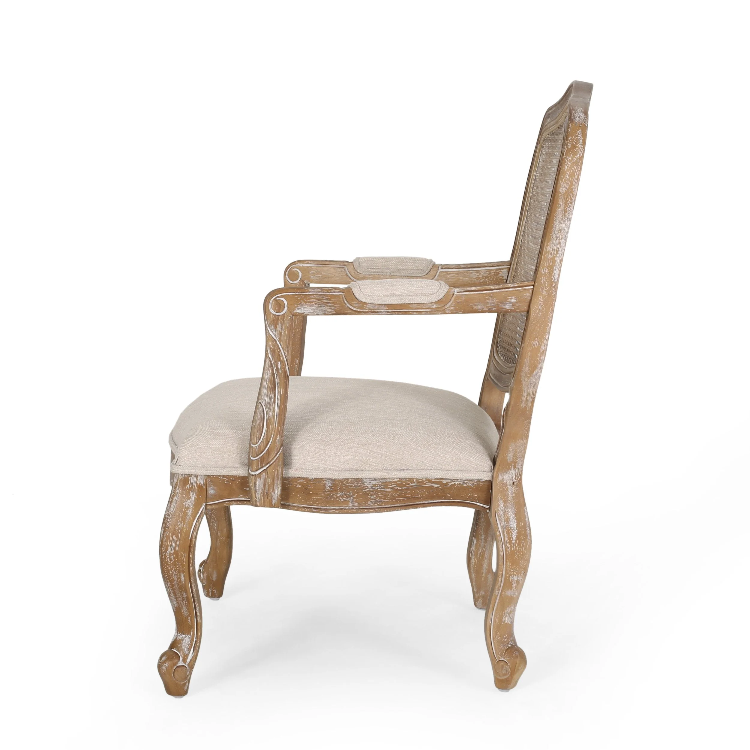 French Country Wood and Cane Upholstered Dining Armchair - NH542513