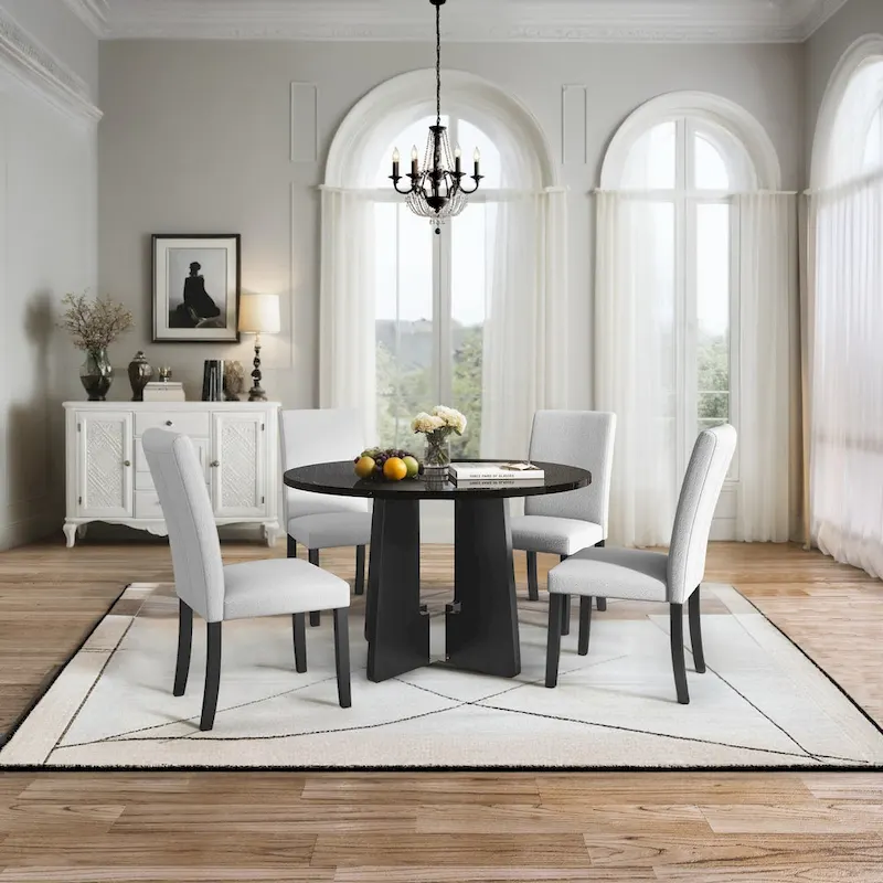 5 Pcs Wood Kitchen Table and Chair Set, 4 People Round Dining Table Set with Faux Marble Top and 4 Upholstered Chairs