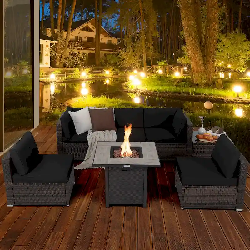 Costway 7PCS Patio Rattan Furniture Set 30 Fire Pit Table Cover - See Details