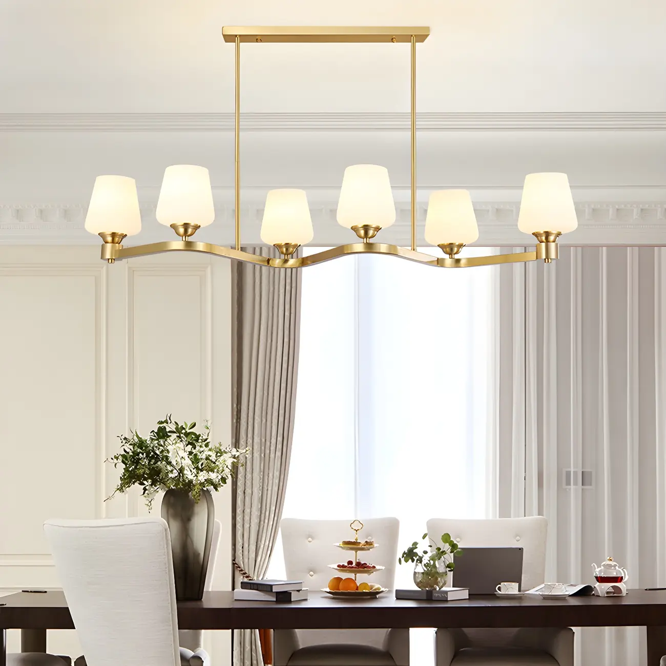 Adjustable 6-Light Brass Glass Island Pendant Light for Kitchen