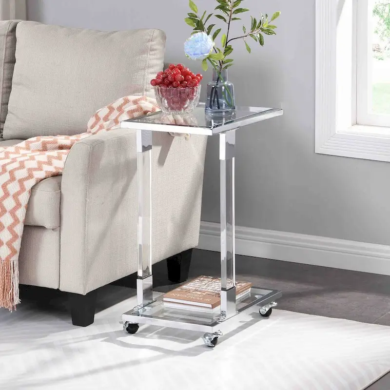 Glass Side Table, Acrylic End Table, Glass Top C Shape Square Table with Metal Base