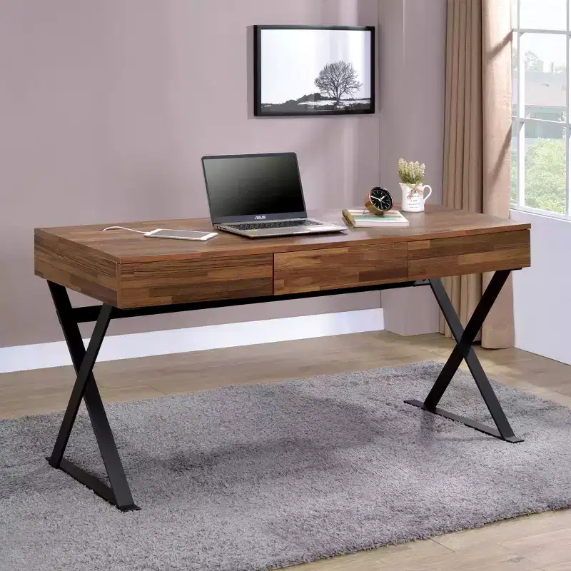 Marganza Computer Desk Beige/Black - HOMES: Inside + Out: Industrial Style, 59" Width, Steel Frame, 3 Drawers, USB Ports