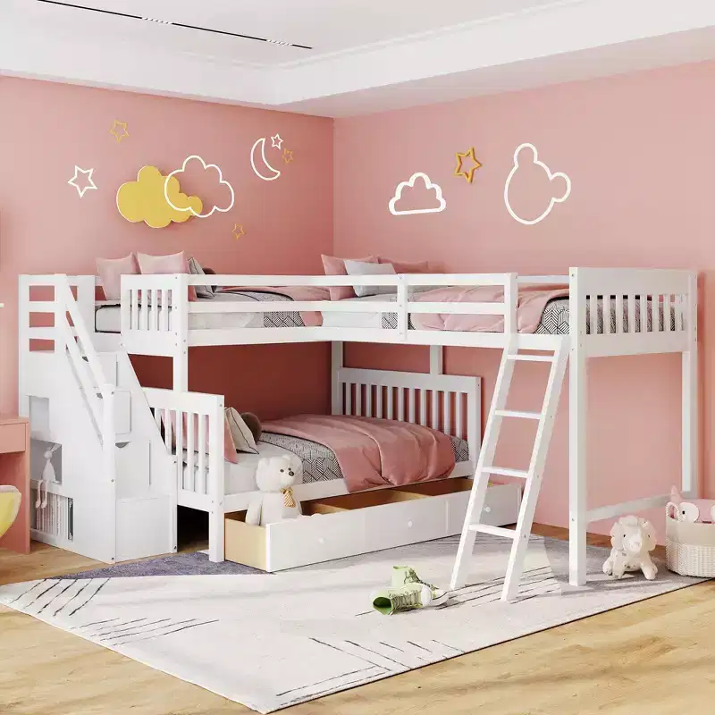 Stylish Design Twin over Full L-Shaped Bunk Bed With 3 Drawers, Ladder and Staircase