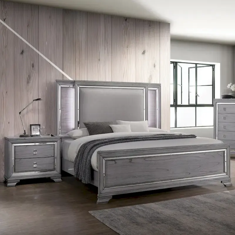 Furniture of America Taia Contemporary Grey 2-Piece Panel Bed and Nightstand Set with LED