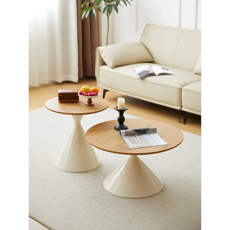 Modern Simple Coffee Table Round Coffee Table with Double Cone Table Frame Carbon Steel Coffee Table Base, for Living Room