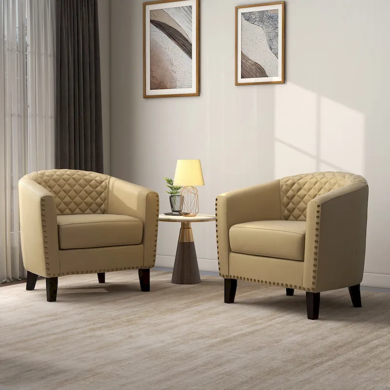 2 Set Vegan Leather Barrel Accent Chairs with Nailheads Trim