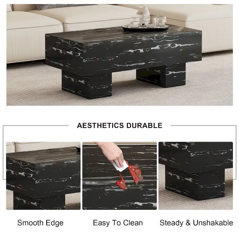 43.3 MDF Coffee Table with Black Marble Texture, 300lbs Capacity