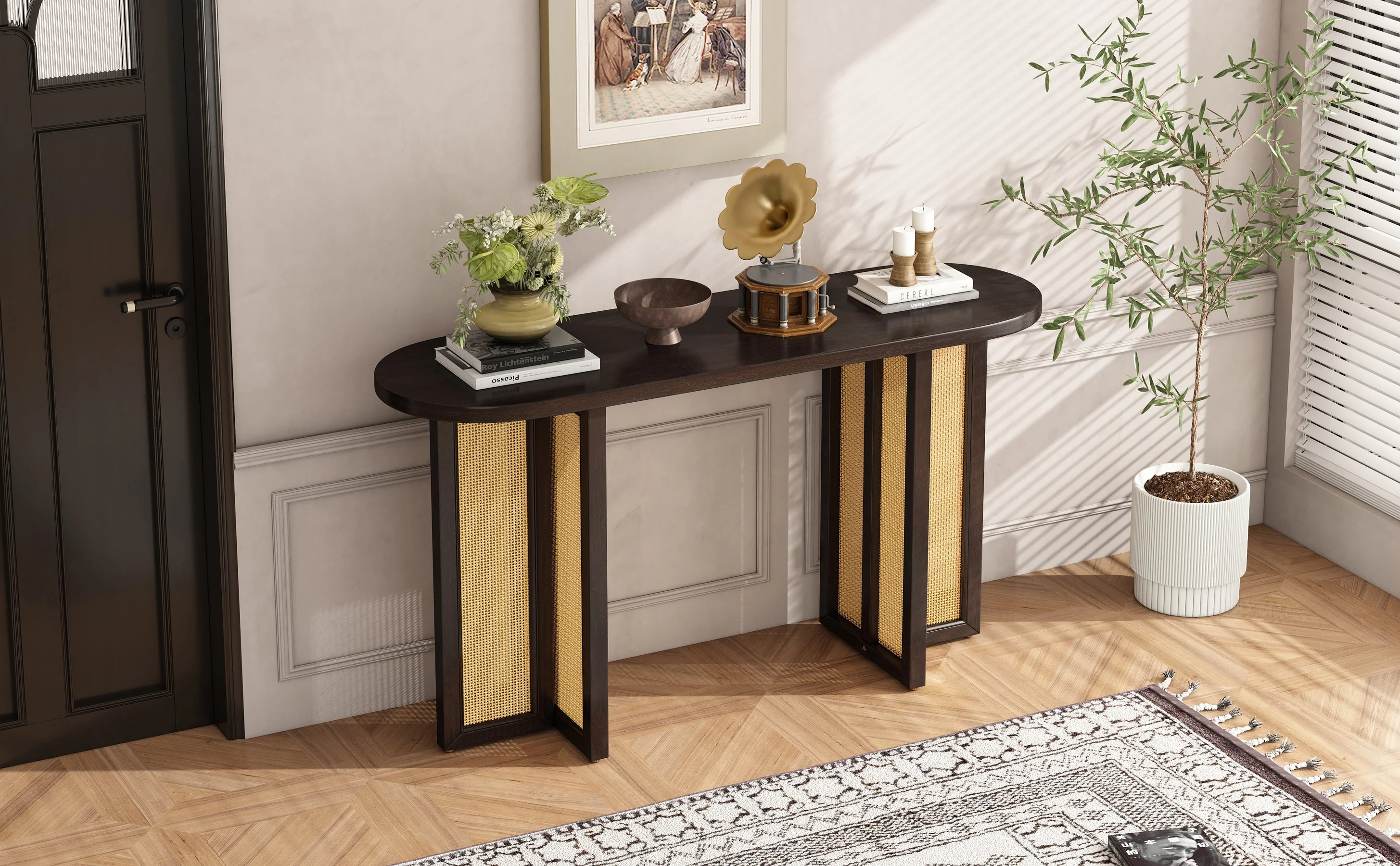Walker Edison | Farmhouse Rattan Console Table Entryway Table