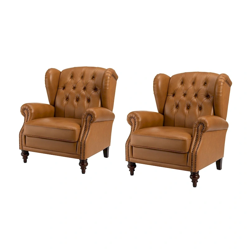 Alex Classic Wingback Leather Armchair with Nailhead Trim Set of 2 by HULALA HOME