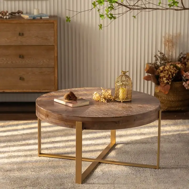 Modern Retro Splicing Round Coffee Table with Cross Legs