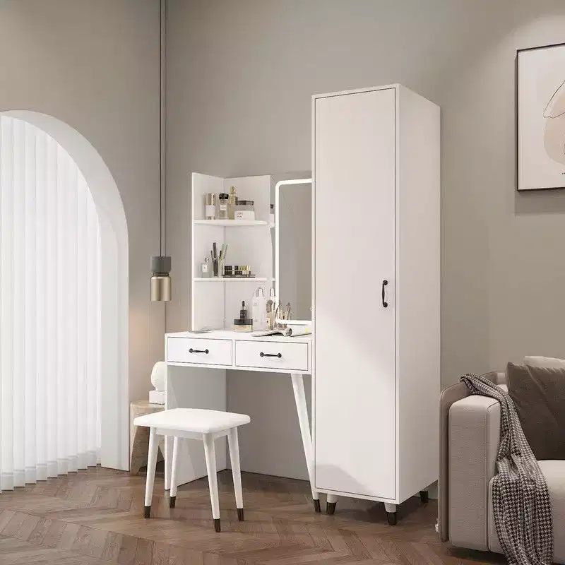 Karl Home White Makeup Vanity Table and Slim Armoire Wardrobe Set