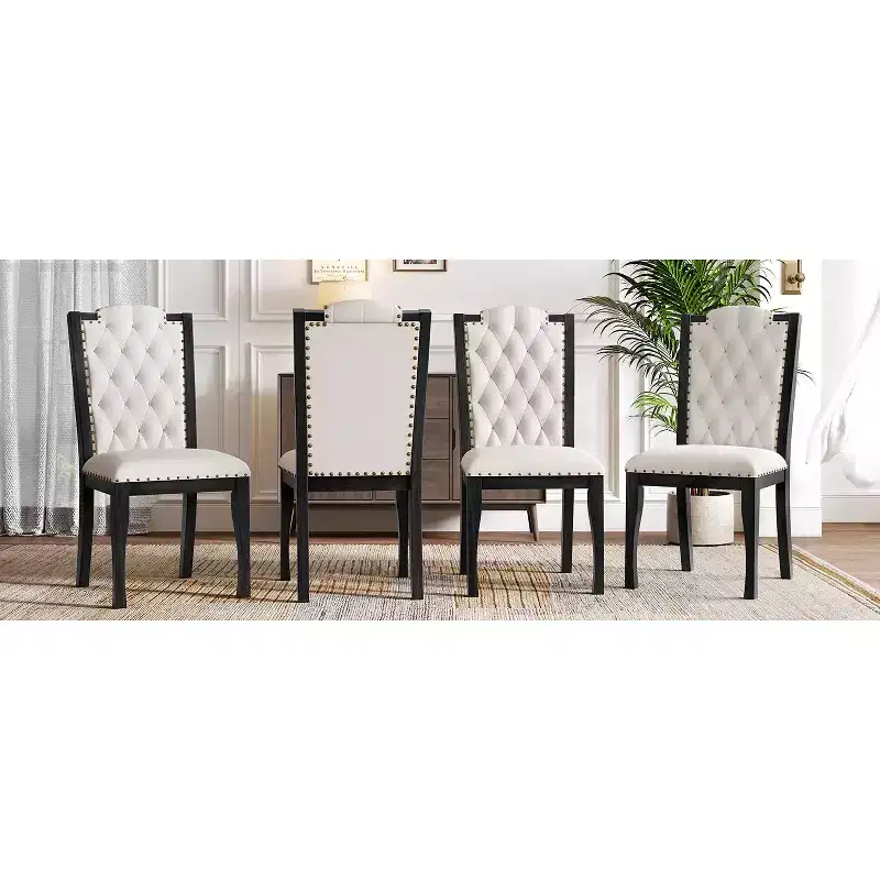 Beige Linen High Back Dining Chair, Button Tufted, Set of 4