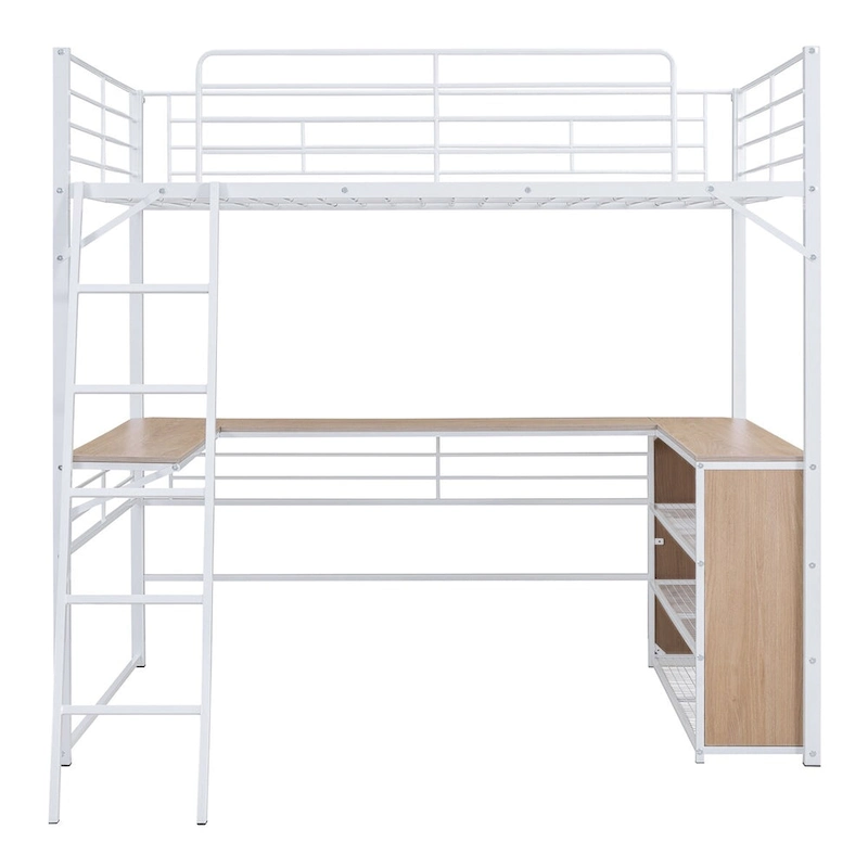 Metal Loft Bed with L-shaped Desk and 3 Layers of Shelves, Reversible Ladder