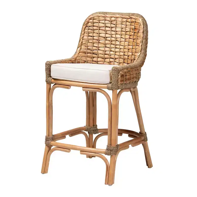 Woven Rattan Counter Height Barstool with Cushion: Handcrafted, No Assembly Required