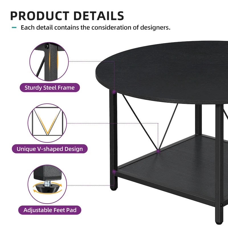 Moasis Industrial 2-Tier Round Coffee Table with Shelf