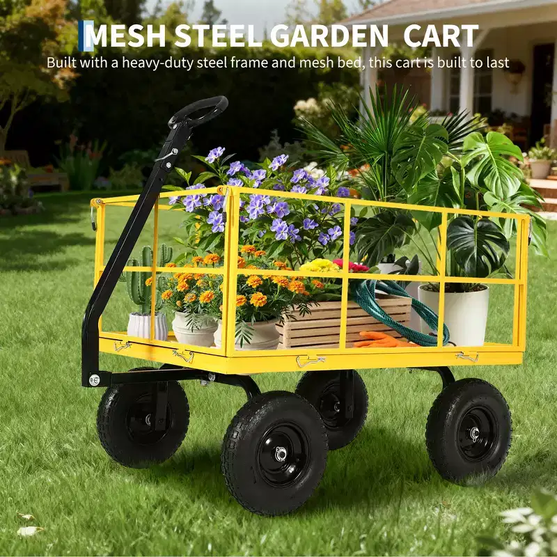 1400 Lbs Steel Garden Cart Heavy Duty 2-in-1 Yard Wagon with Removable Mesh Sides 13 All Terrain Tires & 180 Handle