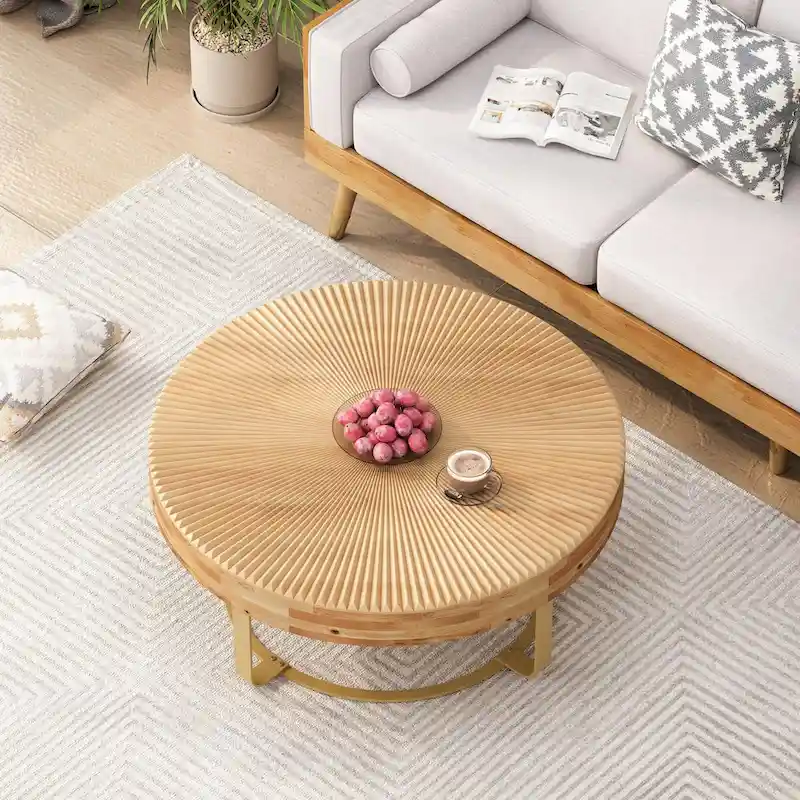 Modern Round Coffee Table with Wooden Carving Pattern and Metal Legs
