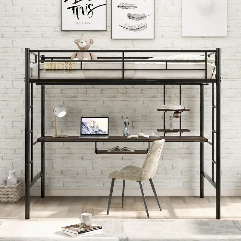 Black Full Size Metal Loft Bed with Desk & Shelf for Kids