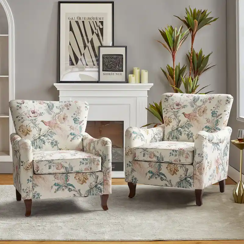 Samouel Modern Floral Upholstered Armchair with Wingback Design Set of 2 by HULALA HOME