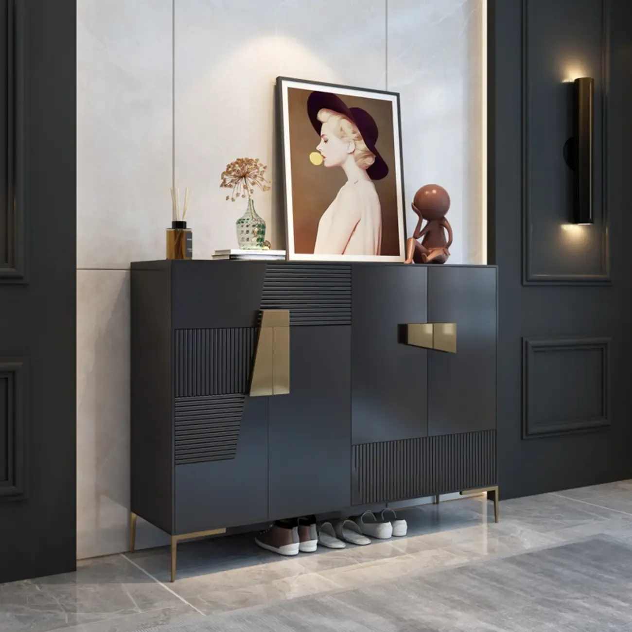 Elegant Fluted Entryway Shoe Cabinet with Drawer