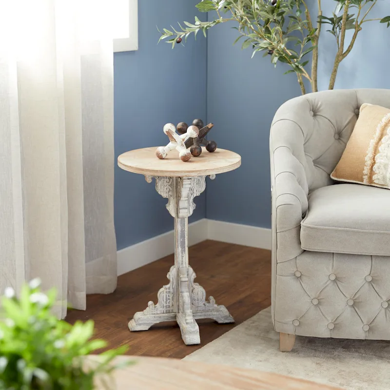 Wood Scroll Intricately Carved Accent End Table, Rustic Brown Gray Cream Side Table