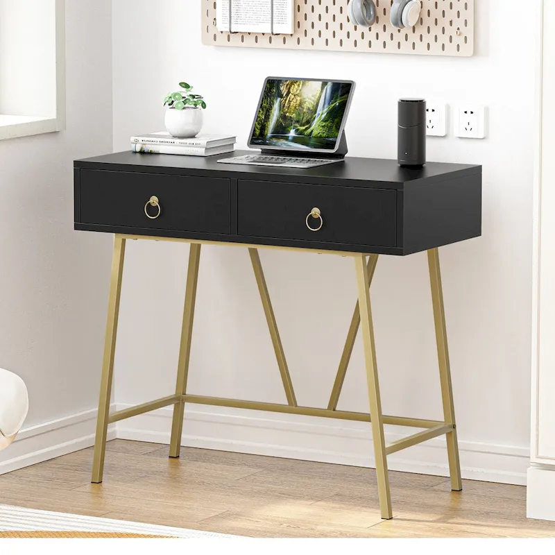 Anmytek Modern Home Office Desk 35.4 Makeup Vanity Table White 2 Drawers Writing Computer Desk with Golden Legs