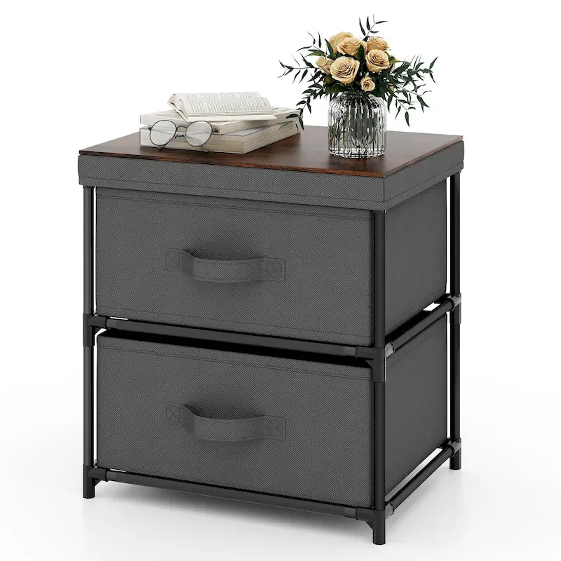 Gymax 2 Drawer Dresser Fabric Storage Organizer Nightstand Bedside
