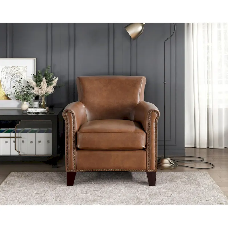 Traditional Leather Accent Chair 1pc Solid Wood Frame Top-Grain Leather Nailhead Trim Classic Modern Living Room Furniture