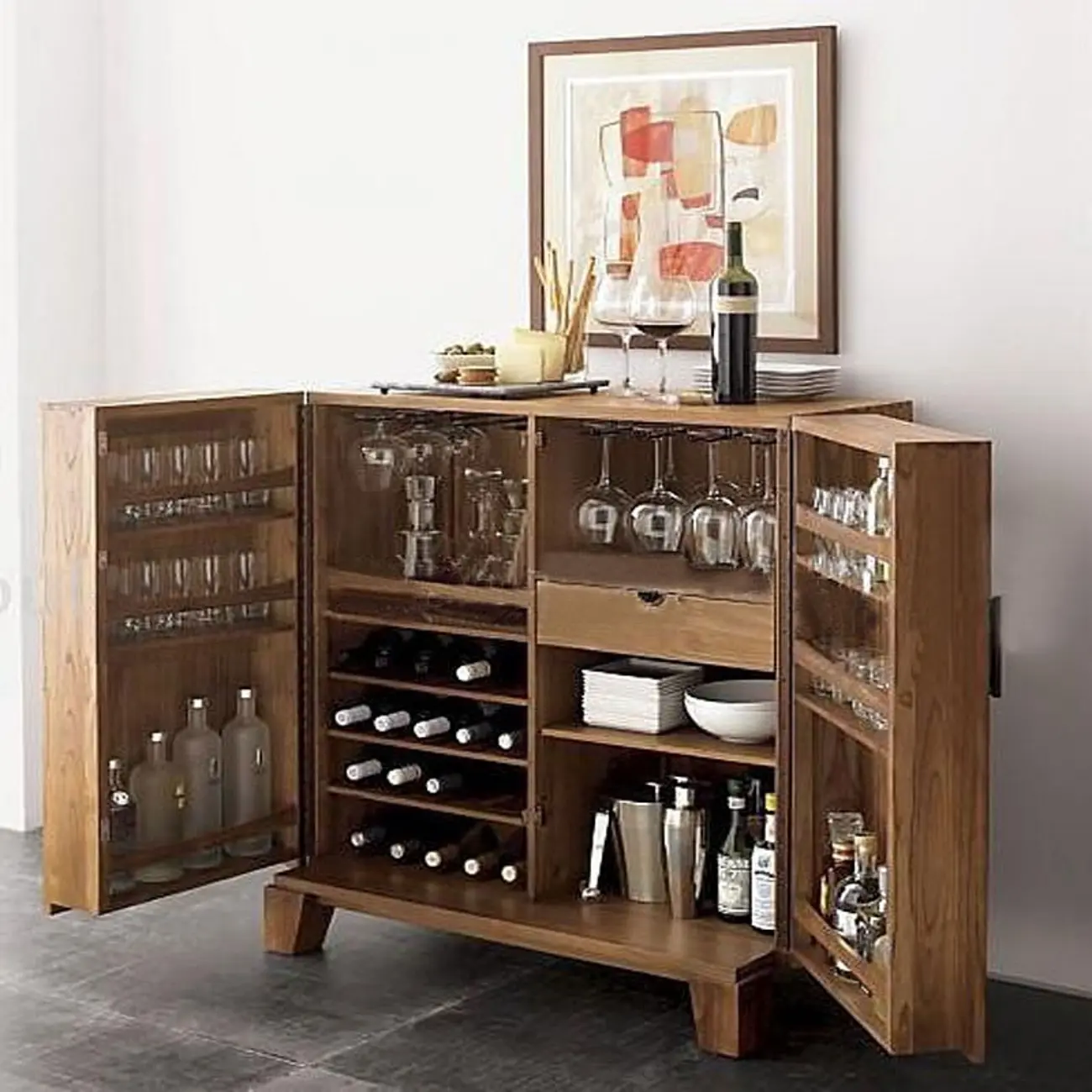 Solid Wood Farmhouse Brown Bar Cabinet Wine Rack