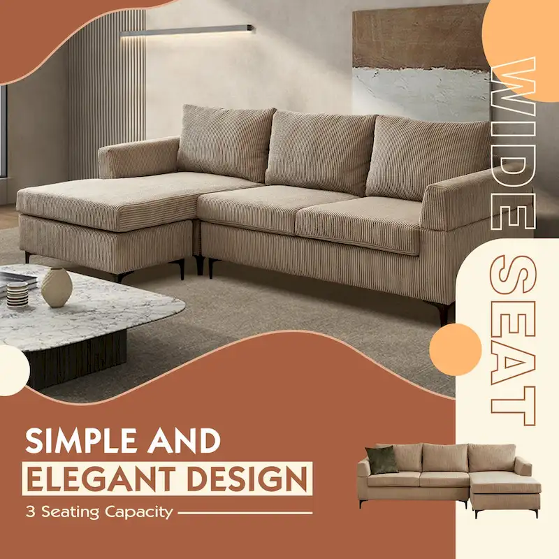 HOOOWOOO Living Room L-Shaped Polyester Fabric Reversible Chaise Sofa