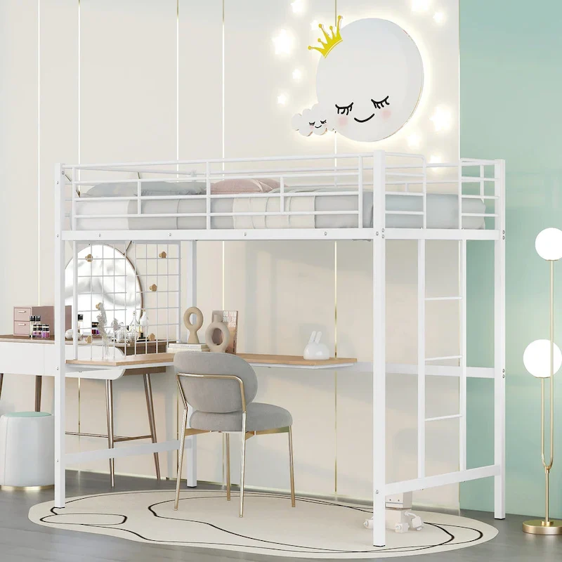 White Twin Size Metal Loft Bed with Desk, Ladder, and Metal Grid for Kids