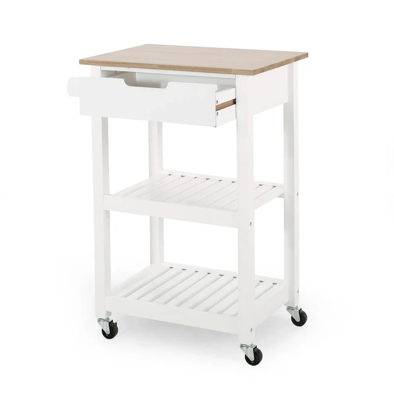 Compact Wooden Kitchen Cart with Wheels Shelves and Drawer