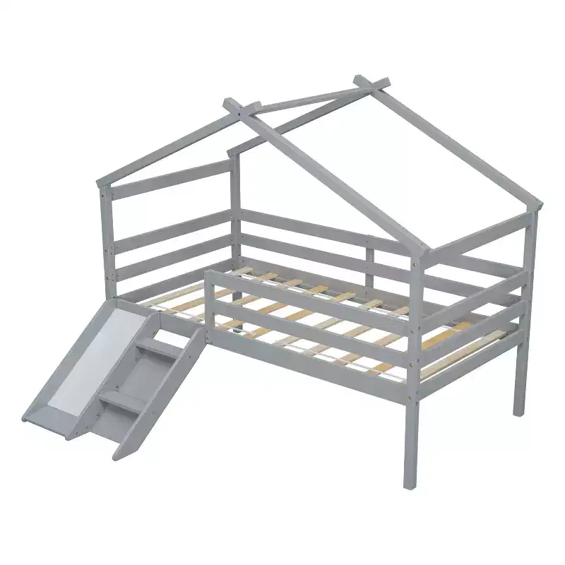 Whisen 81.7L x 67.6W Twin Low Loft House Bed with Slide, Ladder, Safety Guardrails, House Roof Frame