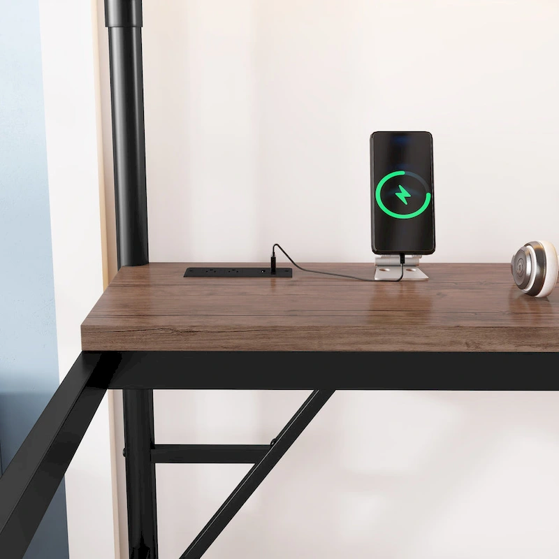 Metal Loft Bed with Desk, LED Lights & USB Charging Station, Loft Bed Frame with Safety Guardrails