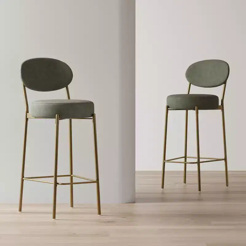 MAYEERTY Set of 2 29in Upholstered Bar Stools Faux Leather Counter Dining Stools With Golden Legs Modern Round Chairs Green for Kitchen