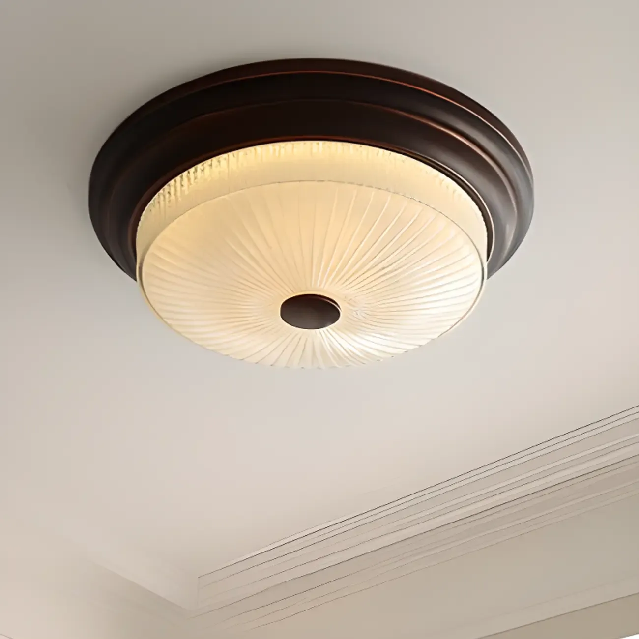 Classic Brown Metal Round Glass LED Flush Mount Ceiling Light