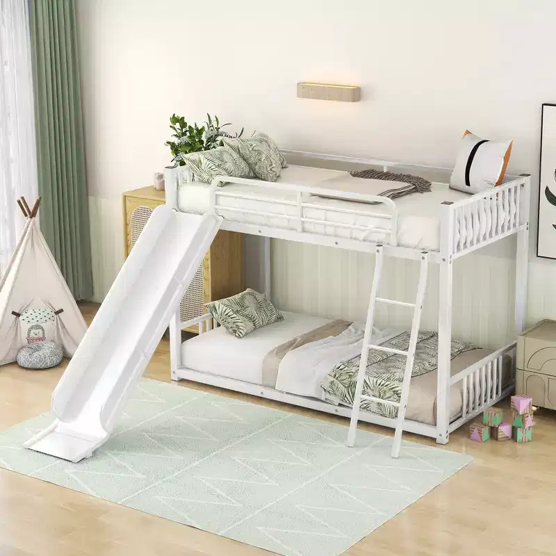 Modern Style Twin over Twin Metal Bunk Bed with Slide, Easy to Assemble