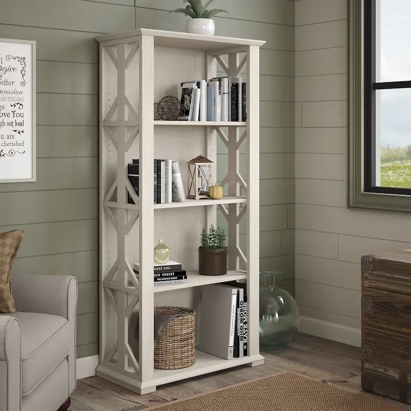 4-Shelf Bookcase in Linen White Oak / Driftwood Gray – 2 Adjustable Shelves