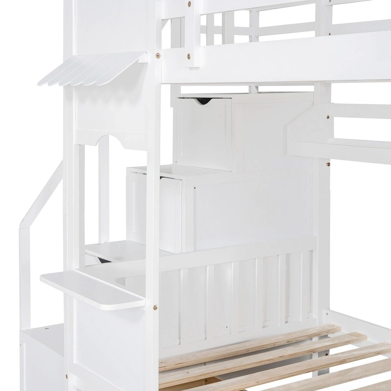 Twin-Over-Twin Castle Style Bunk Bed with Drawers,Shelves,Slide