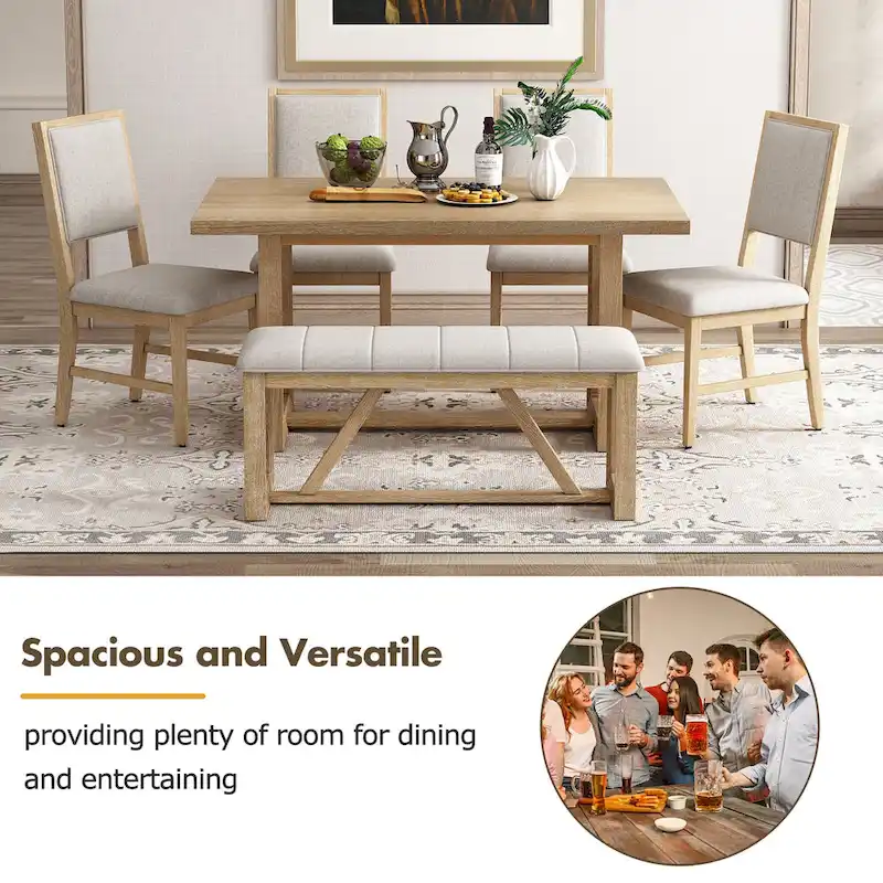 6 Piece Dining Table Chair Set, Wooden Kitchen Furniture Set with Acacia Wood Rectangular Table, 4 Chairs and 1 Bench