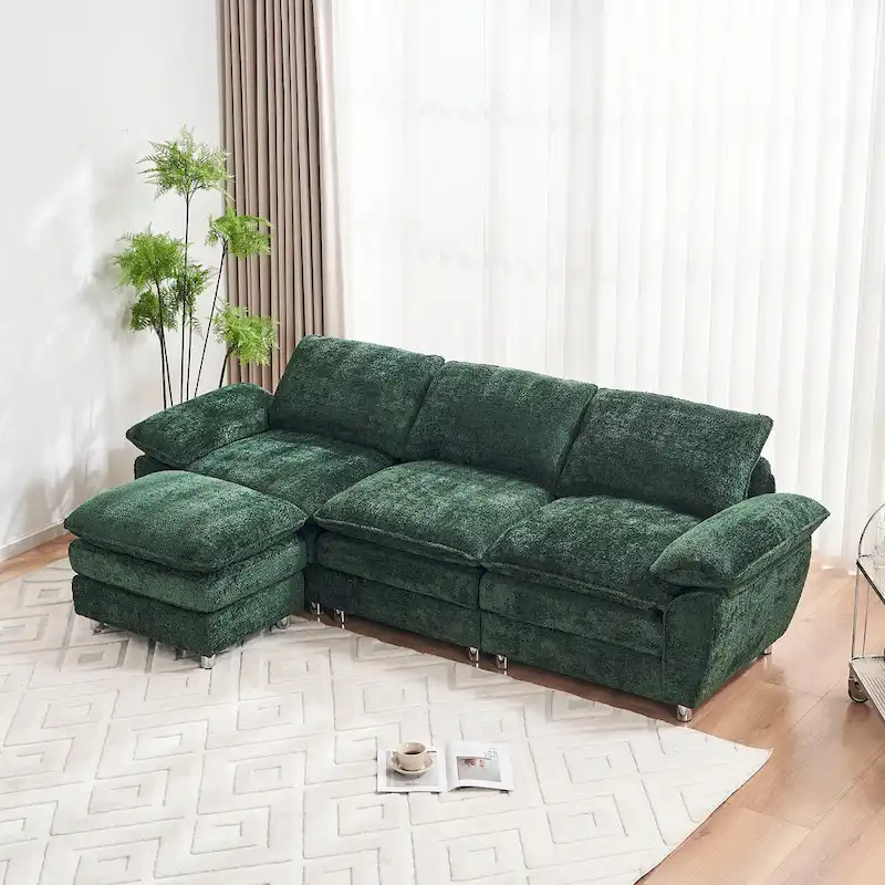 Modern Deep 3-Seat Sofa Couch with Ottoman