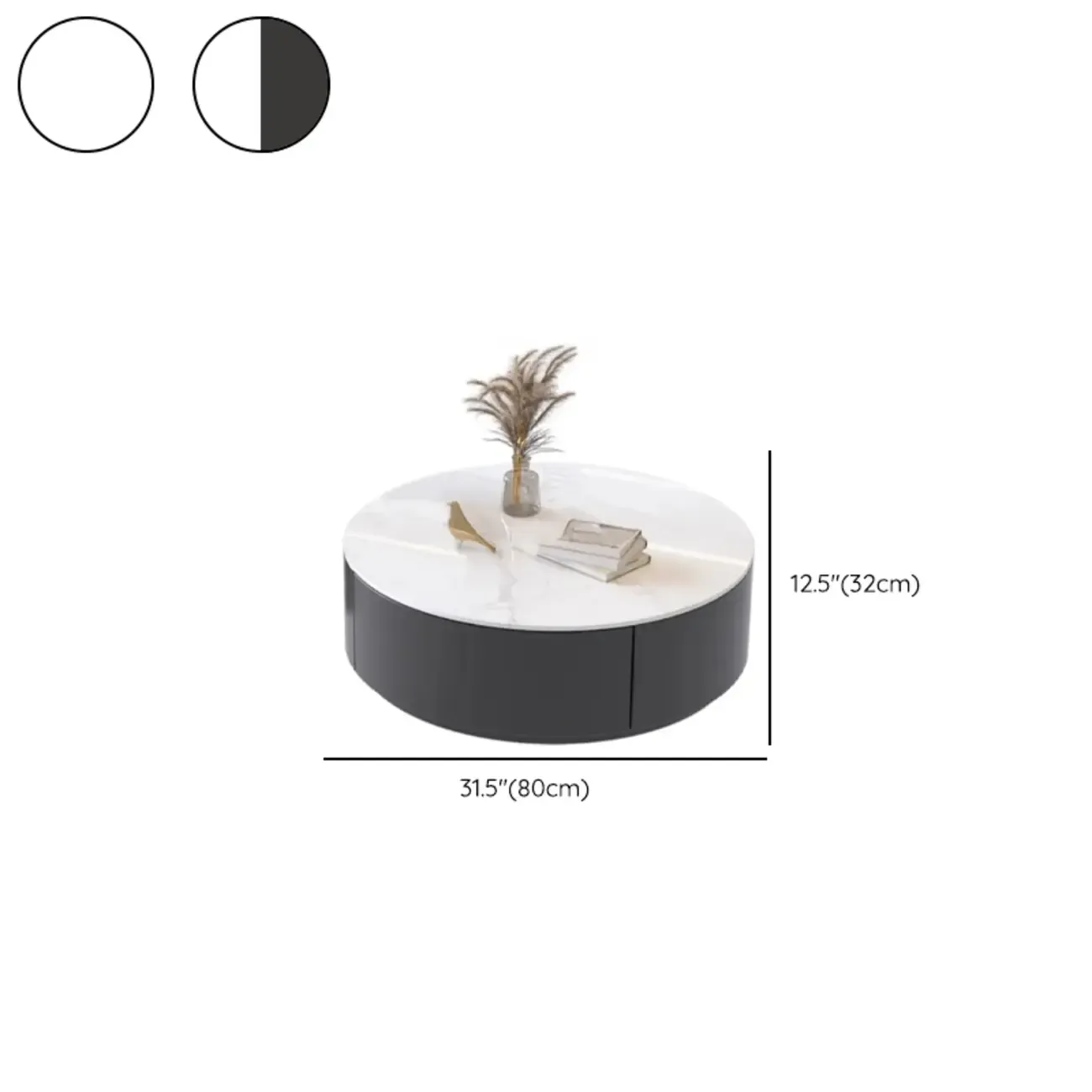 Black White Modern Stylish Round Wood Drawer Coffee Table