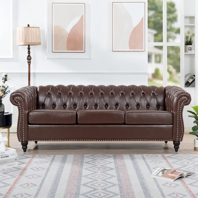 Faux Leather Rolled Arm Chesterfield Three Seater Sofa