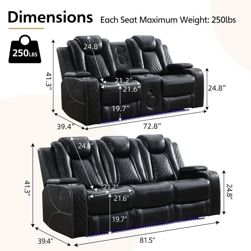 Power Reclining Sofa with Wireless Charger & LED Light – Faux Leather, Black