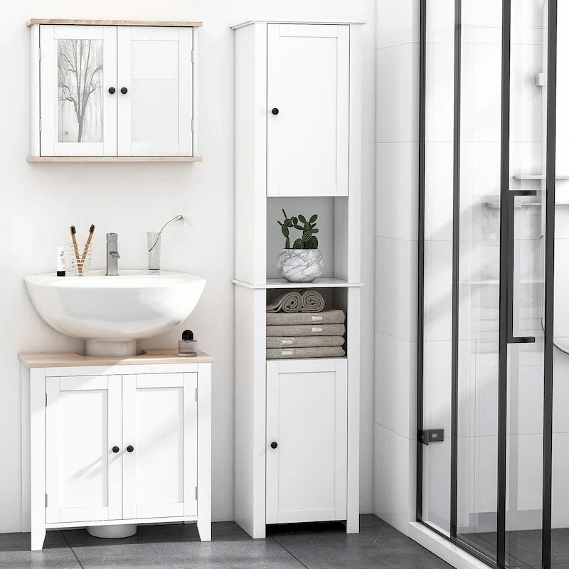 Tall Bathroom Storage Cabinet, Freestanding Linen Tower with 2-Tier Shelf and 2 Cupboards, White
