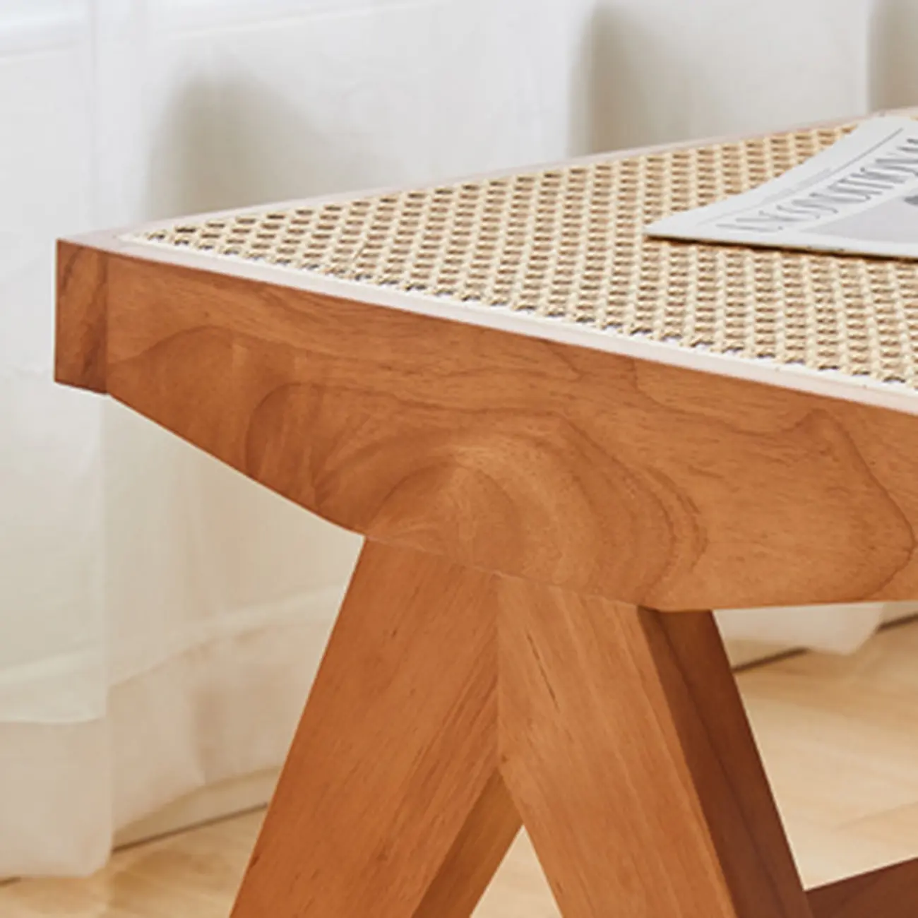 Elegant Rattan Top Finish Wooden Rectangular Cherry Benches